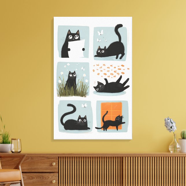 Black Cat Wall Art Stretched Canvas Print Leinwanddruck (Insitu (Wohnzimmer))