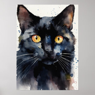 Black Cat Watercolor Wall Poster