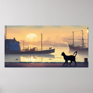 Black Cat Watercolor Wall Poster