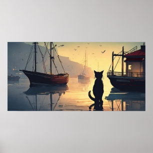 Black Cat Watercolor Wall Poster
