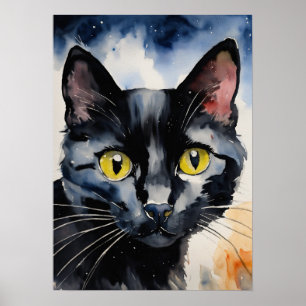 Black Cat Watercolor Wall Poster