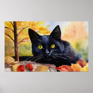 Black Cat Watercolor Wall Poster