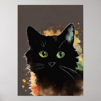 Black Cat Watercolor Wall Poster
