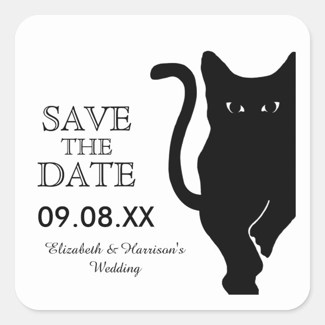 Black Cat Wedding Save the Date Quadratischer Aufkleber (Vorderseite)