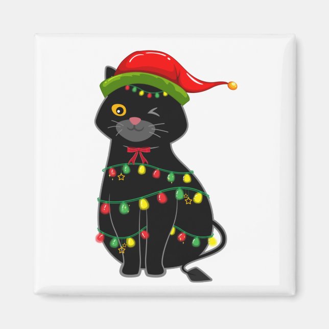 Black Cat Weihnachten Beleuchtung Platz Magnet (Vorne)