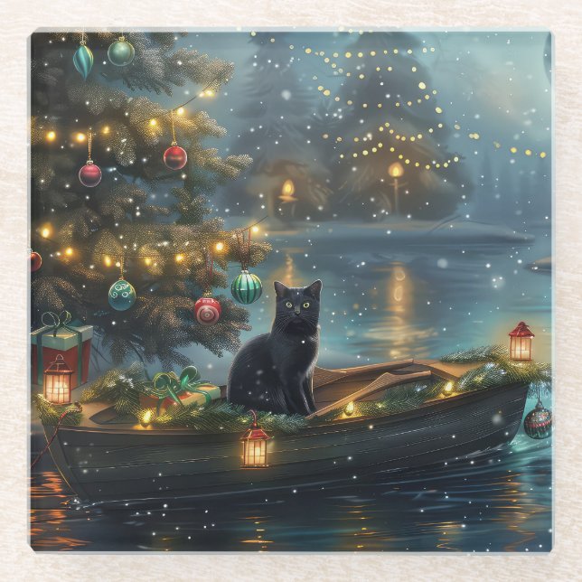 Black Cat Weihnachten Feierliche Reise Glasuntersetzer (Vorderseite)