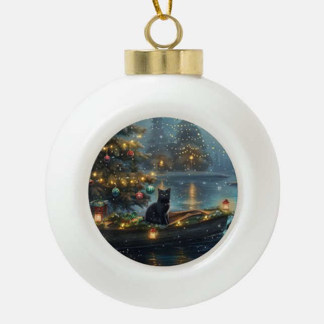 Black Cat Weihnachten Feierliche Reise Keramik Kugel-Ornament (Vorderseite)