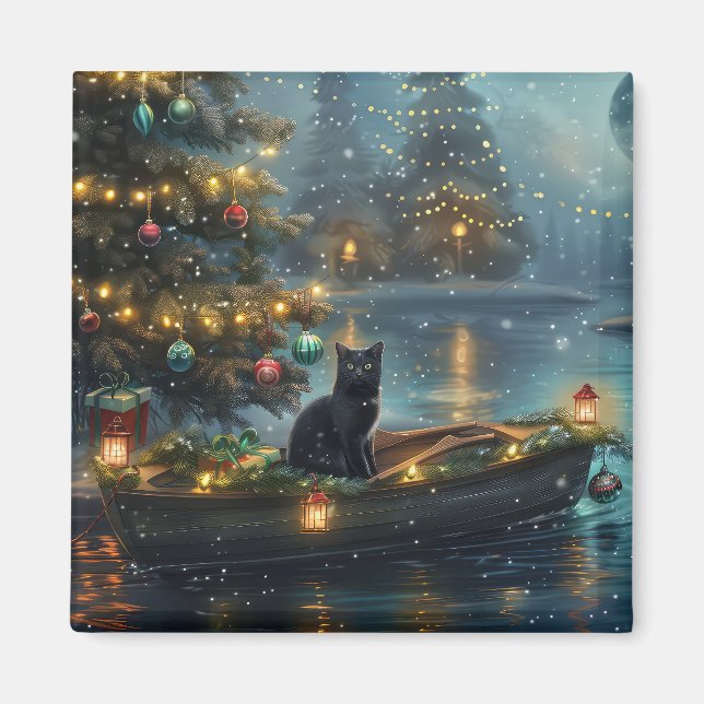 Black Cat Weihnachten Feierliche Reise Magnet (Vorne)