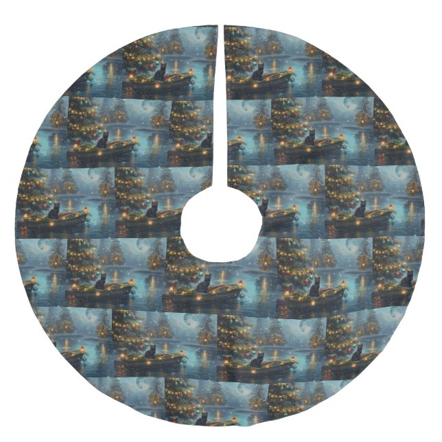 Black Cat Weihnachten Feierliche Reise Polyester Weihnachtsbaumdecke (Vorderseite)