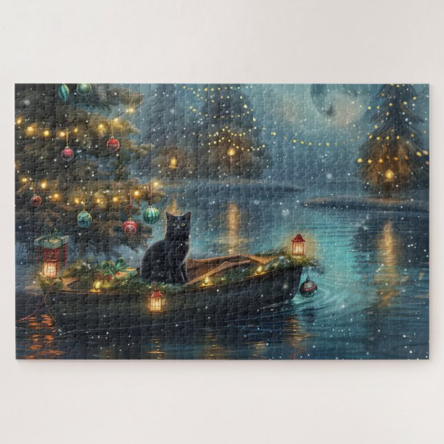Black Cat Weihnachten Feierliche Reise Puzzle (Horizontal)
