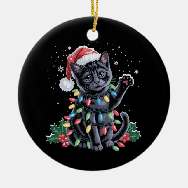 Black Cat Weihnachten Weihnachtsmannmütze Meowy Xm Keramik Ornament (Vorne)
