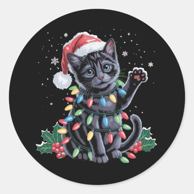 Black Cat Weihnachten Weihnachtsmannmütze Meowy Xm Runder Aufkleber (Vorderseite)
