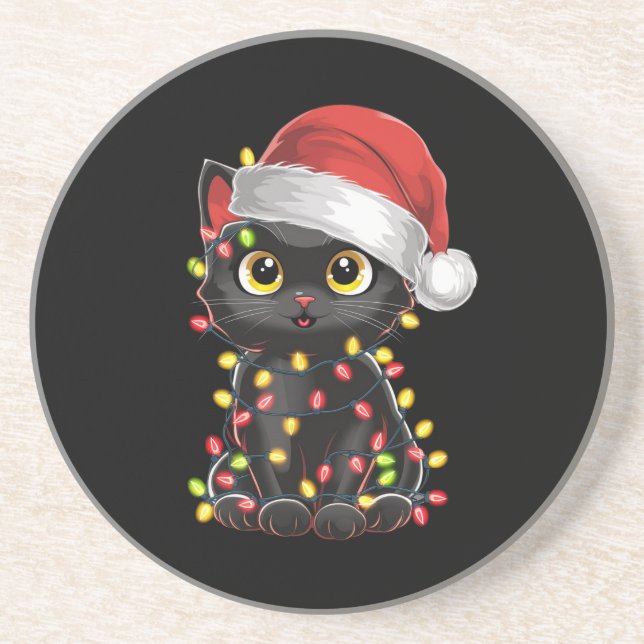 Black Cat Weihnachtsbaum Lichter Funny Santa Kitte Getränkeuntersetzer (Vorne)