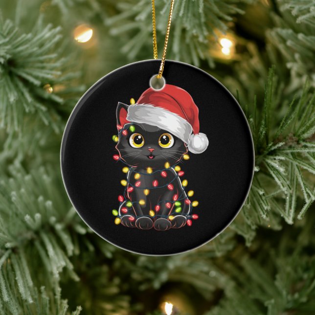 Black Cat Weihnachtsbaum Lichter Funny Santa Kitte Keramik Ornament (Baum)