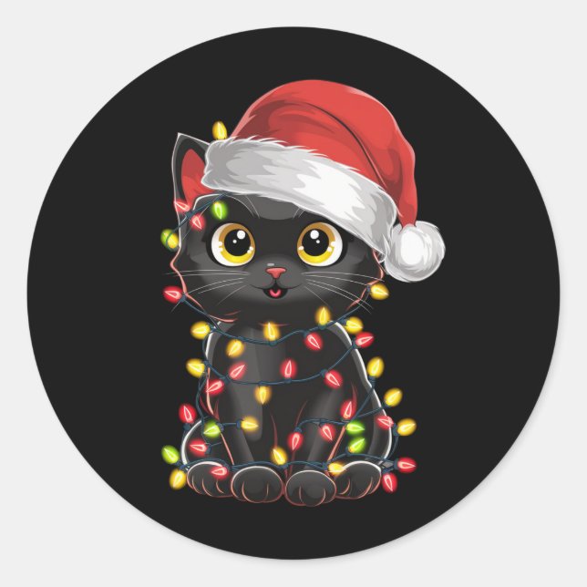 Black Cat Weihnachtsbaum Lichter Funny Santa Kitte Runder Aufkleber (Vorderseite)