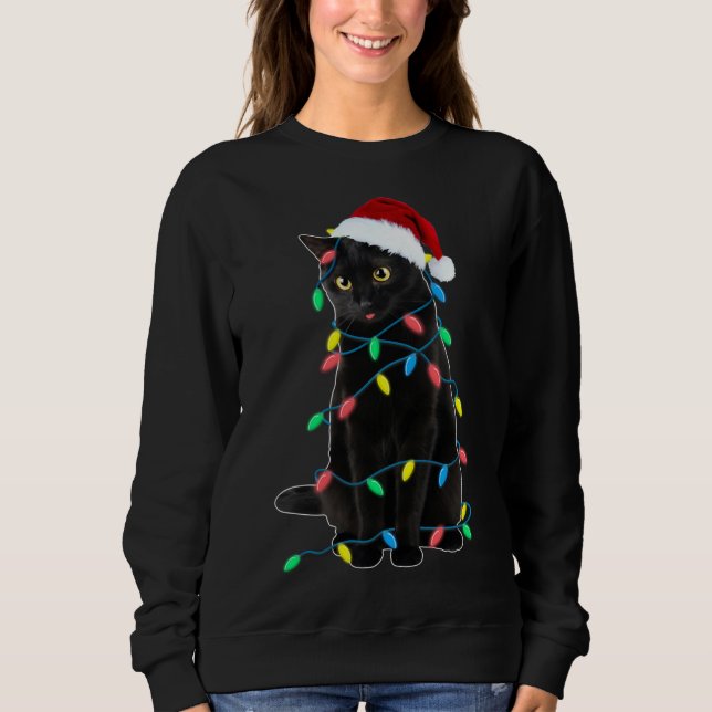 Black Cat Weihnachtsbaum Lichter Funny Santa Kitte Sweatshirt (Vorderseite)