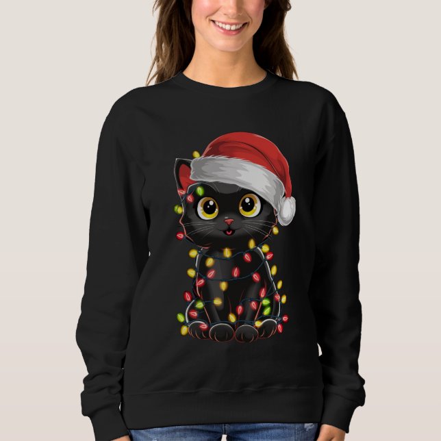 Black Cat Weihnachtsbaum Lichter Funny Santa Kitte Sweatshirt (Vorderseite)