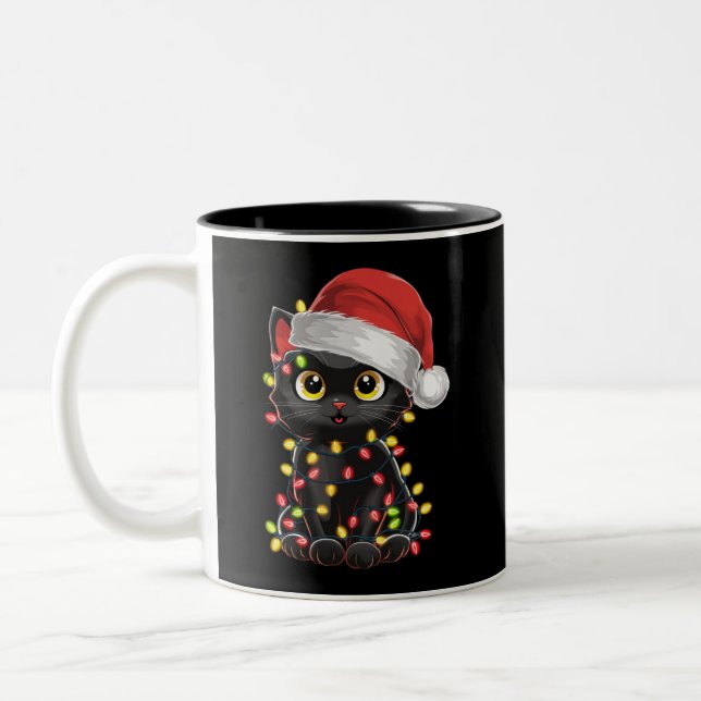 Black Cat Weihnachtsbaum Lichter Funny Santa Kitte Zweifarbige Tasse (Links)