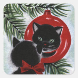 Black Cat Weihnachtsfeiertag Quadratischer Aufkleber