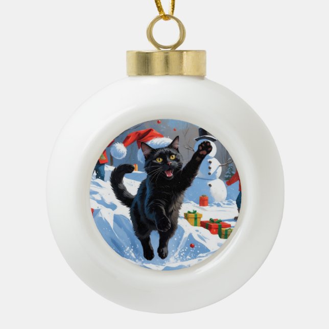Black Cat Weihnachtsfest Schneeszene Keramik Kugel-Ornament (Vorderseite)