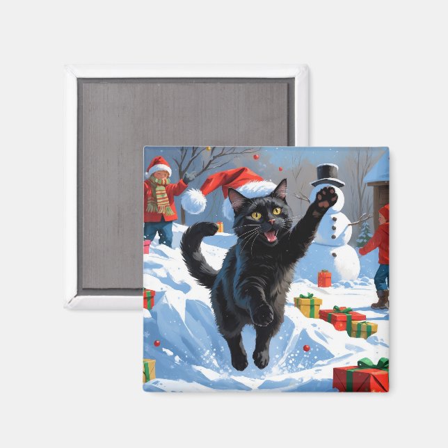 Black Cat Weihnachtsfest Schneeszene Magnet (Vorderseite/Rückseite)