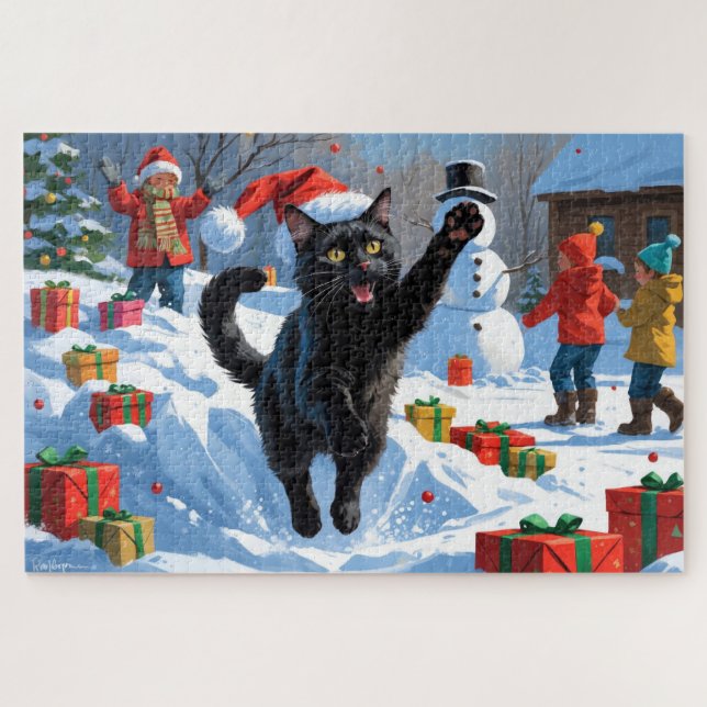 Black Cat Weihnachtsfest Schneeszene Puzzle (Horizontal)