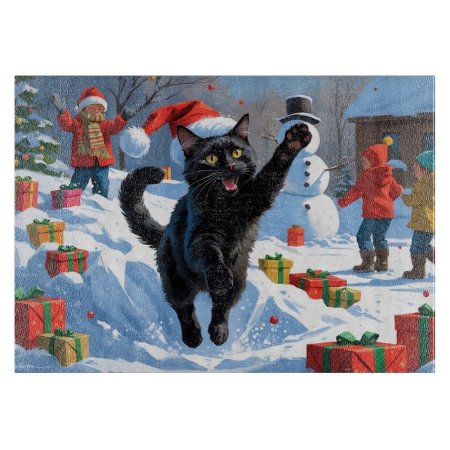Black Cat Weihnachtsfest Schneeszene Schneidebrett (Vorderseite)