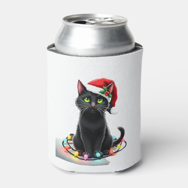 Black Cat Weihnachtslicht Weihnachtsmannmütze Funn Dosenkühler (Kanne Vorderseite)