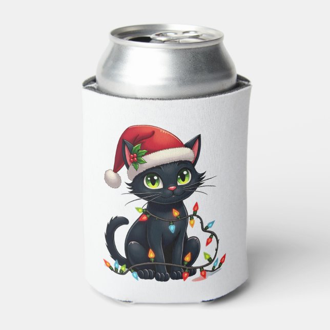 Black Cat Weihnachtslicht Weihnachtsmannmütze Funn Dosenkühler (Kanne Vorderseite)