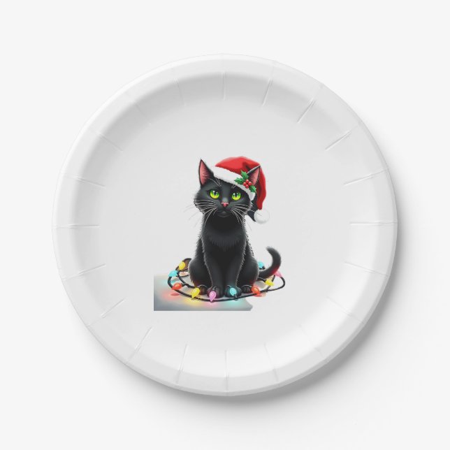 Black Cat Weihnachtslicht Weihnachtsmannmütze Funn Pappteller (Vorderseite)