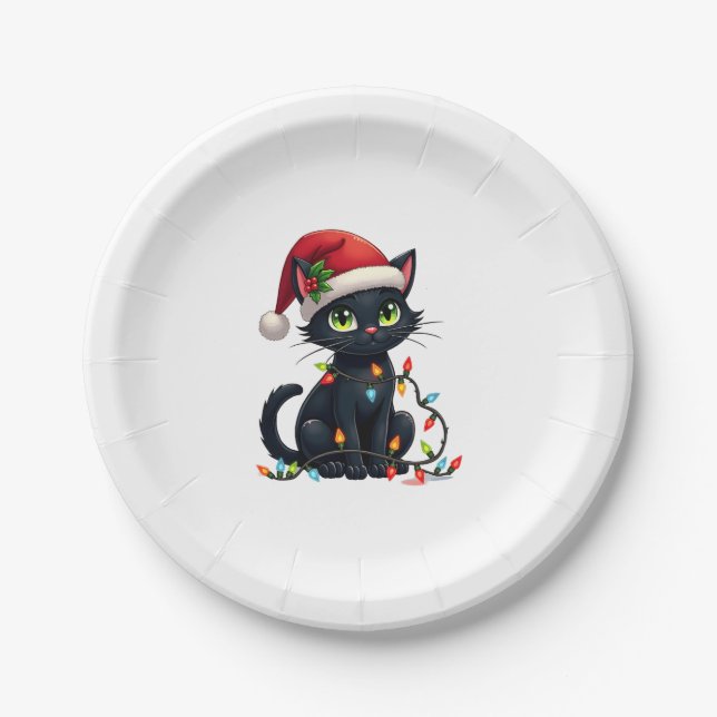 Black Cat Weihnachtslicht Weihnachtsmannmütze Funn Pappteller (Vorderseite)