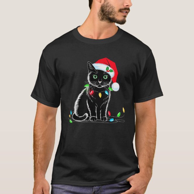 Black Cat Weihnachtslicht Weihnachtsmannmütze Funn T-Shirt (Vorderseite)