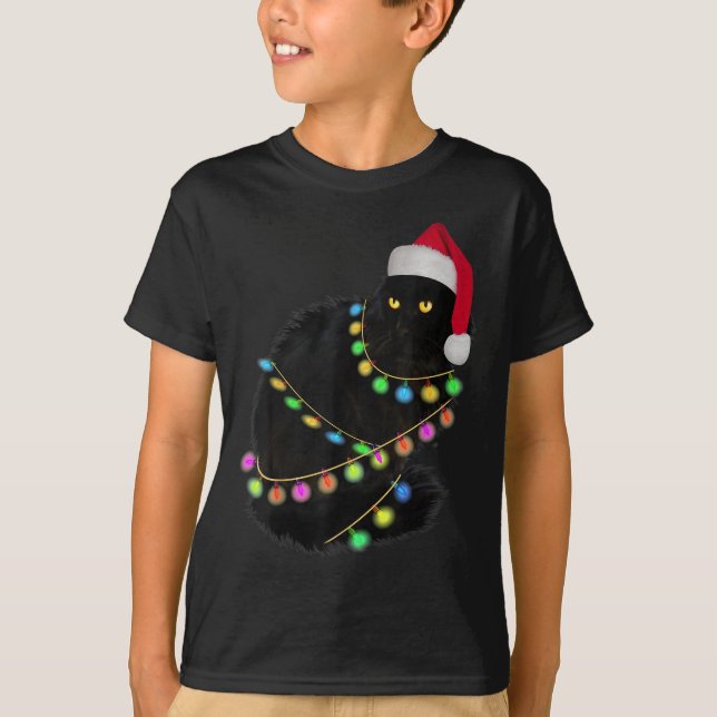 Black Cat Weihnachtsmannmütze Light Tree Funny Ugl T-Shirt (Vorderseite)
