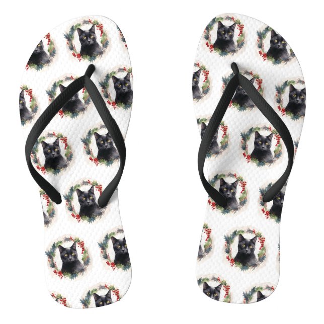 Black Cat Weihnachtsschreath Festivals Kitten Flip Flops (Fußbett)