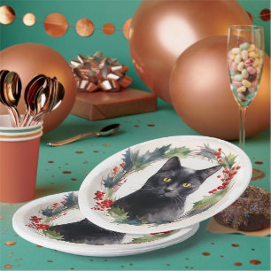 Black Cat Weihnachtsschreath Festivals Kitten Pappteller