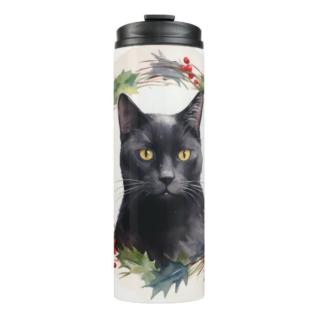 Black Cat Weihnachtsschreath Festivals Kitten Thermosbecher (Vorderseite)