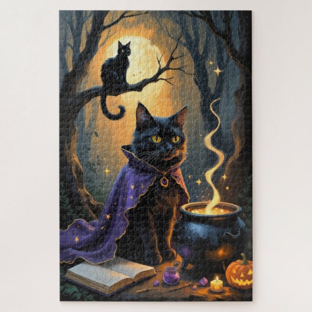 Black Cat Whimsical Halloween Malerei Puzzle (Vertikal)