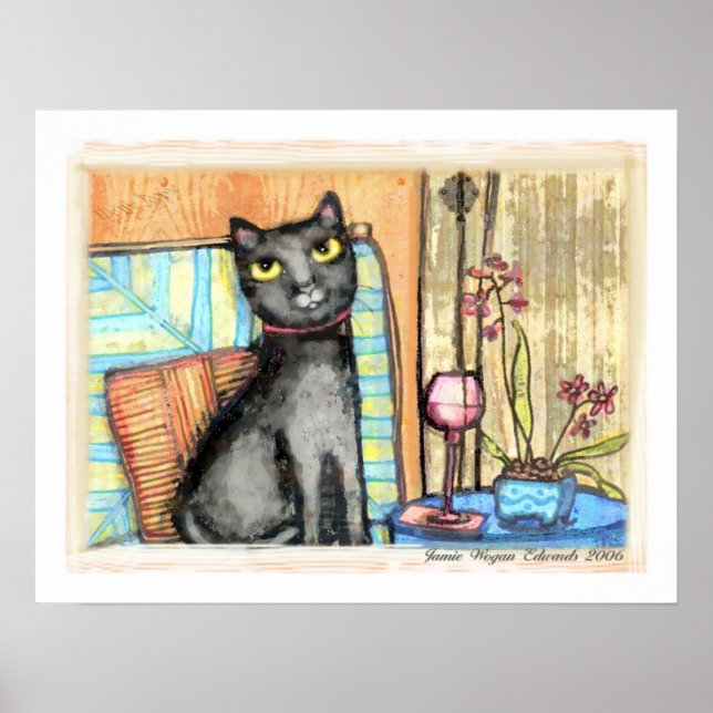 Black Cat, Wine & Blume Kunstdrucken Poster (Vorne)