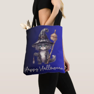 Black Cat Witch hat Broom Blue Happy Halloween