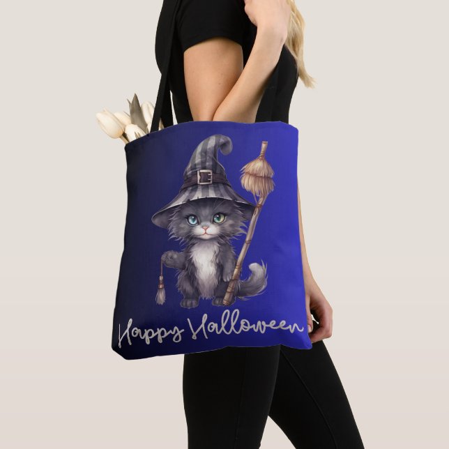 Black Cat Witch hat Broom Blue Happy Halloween (Von Nahem)