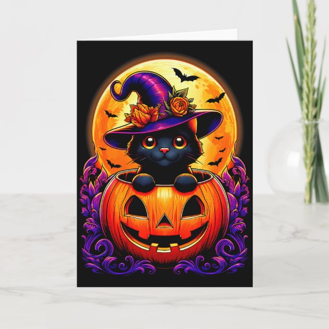 Black Cat Witch Hat Pumpkin Funny Halloween Men Wo Karte (Vorderseite)