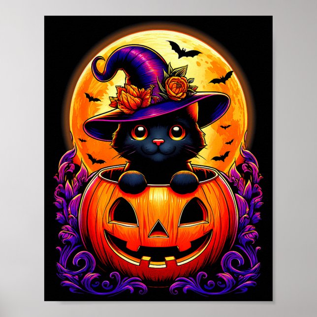 Black Cat Witch Hat Pumpkin Funny Halloween Men Wo Poster (Vorne)