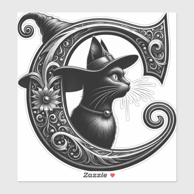 Black Cat Witch Hexerei Letter C Custom Initial Aufkleber (Blatt)