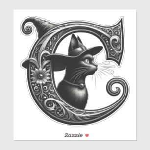 Black Cat Witch Hexerei Letter C Custom Initial Aufkleber