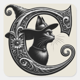 Black Cat Witch Hexerei Letter C Custom Initial Quadratischer Aufkleber