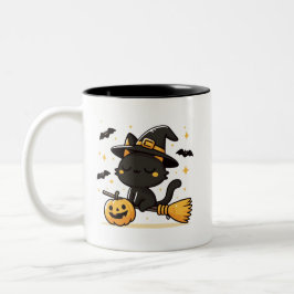 Black Cat Witch on Broomstick & Pumpkin Halloween Zweifarbige Tasse