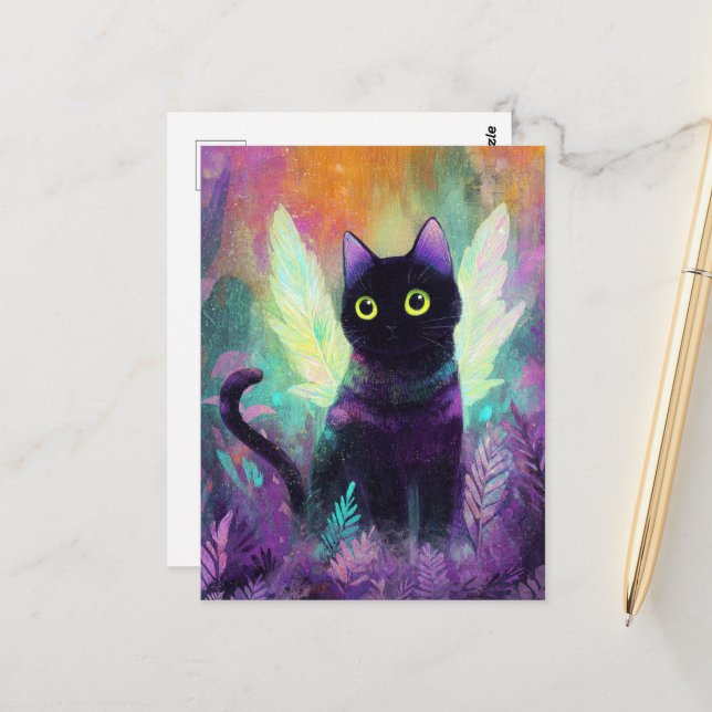 Black Cat With Angel Wings Postkarte (Vorderseite/Rückseite Beispiel)