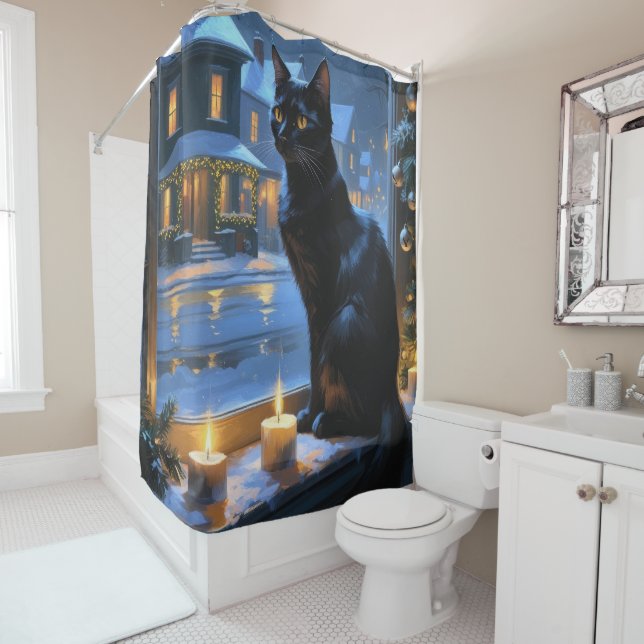Black Cat With Christmas Lights Holiday Duschvorhang (Beispiel)