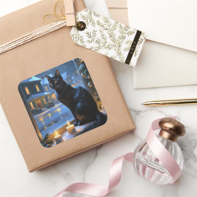 Black Cat With Christmas Lights Holiday Quadratischer Aufkleber (Schenken)