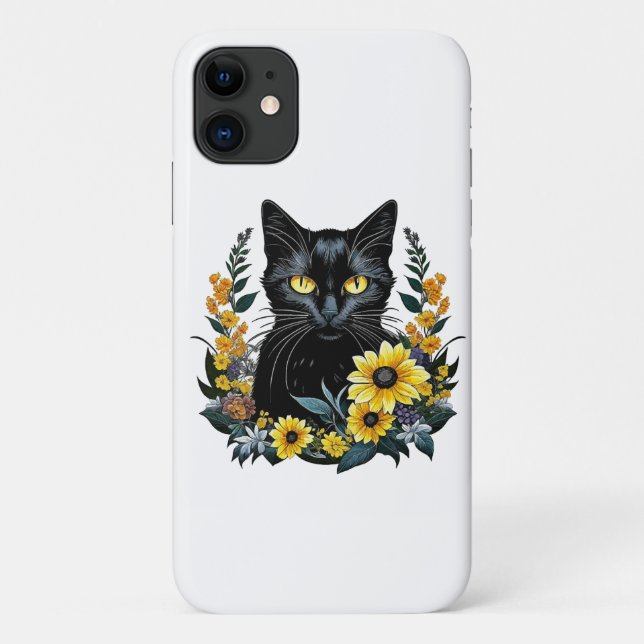 Black Cat With Flowers Case-Mate iPhone Hülle (Rückseite)